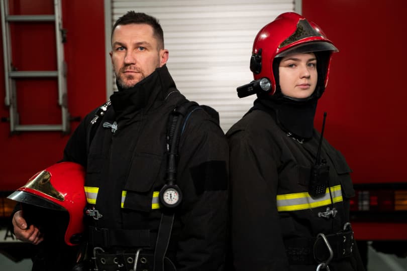 two-firefighters-stand-side-by-side-in-front-of-a-fire-truck